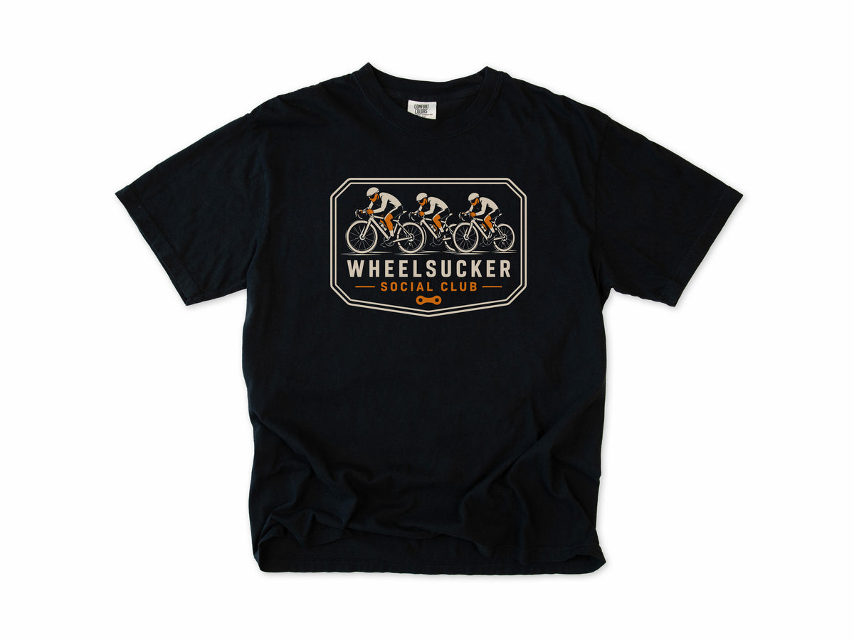 Funny cycling T-shirt in Black, Wheelsucker: three cyclists in a paceline on an orange and cream badge, 'Social Club', for road cyclists