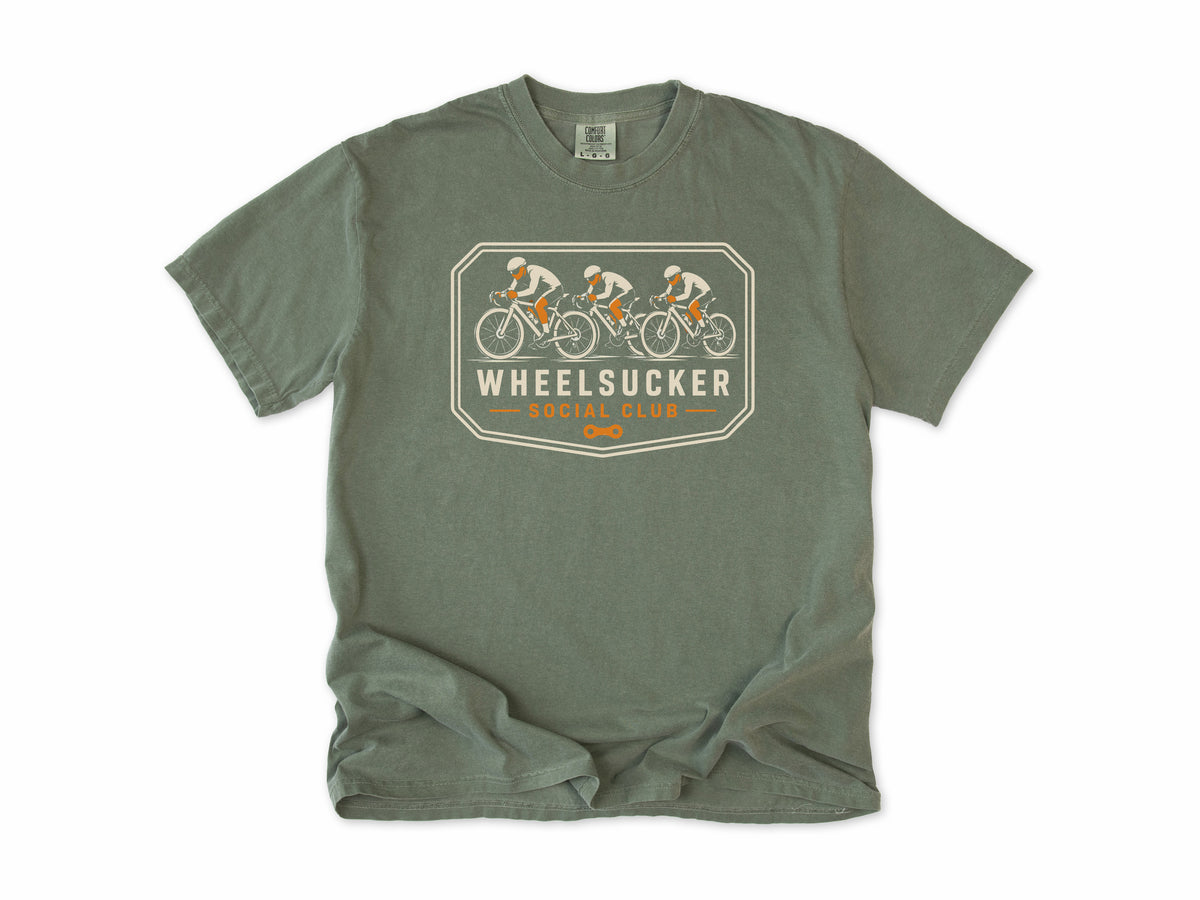 Funny cycling T-shirt in Moss, Wheelsucker: three cyclists in a paceline on an orange and cream badge, 'Social Club', for road cyclists