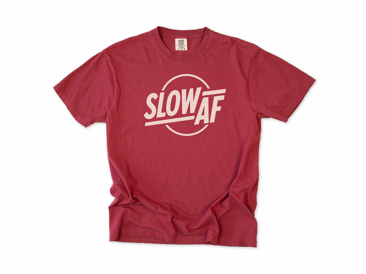 Funny cycling T-shirt in Chili, 'Slow AF' in bold letters inside a circle, for relaxed riders