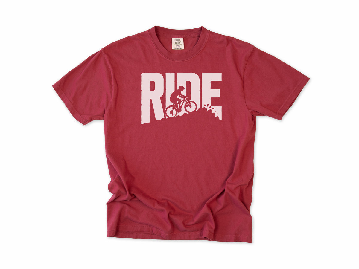 Cycling T-shirt in Chili, bold 'RIDE' letters with a mountain biker on a slope, for mountain bikers