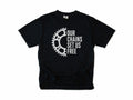 Funny cycling T-shirt in Black, 'Our Chains Set Us Free' beside a chainring, for cyclists