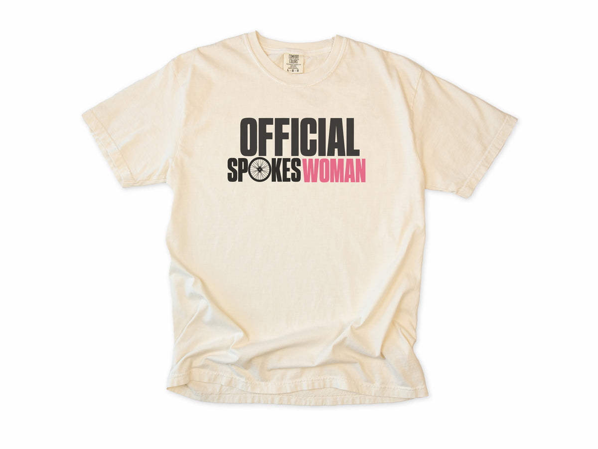 Funny cycling T-shirt in Ivory, 'Official Spokeswoman' with a wheel and pink lettering, gift for a woman who cycles: mum, wife, sister, daughter, nan