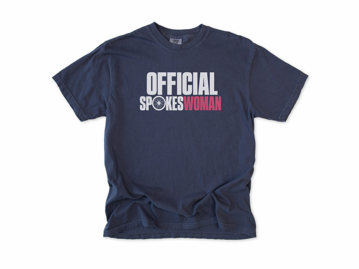 Funny cycling T-shirt in Navy, 'Official Spokeswoman' with a wheel and pink lettering, gift for a woman who cycles: mum, wife, sister, daughter, nan
