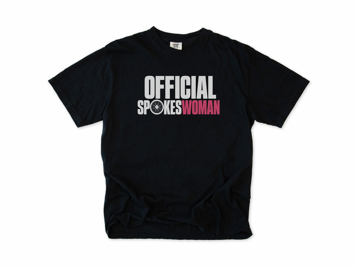 Funny cycling T-shirt in Black, 'Official Spokeswoman' with a wheel and pink lettering, gift for a woman who cycles: mum, wife, sister, daughter, nan