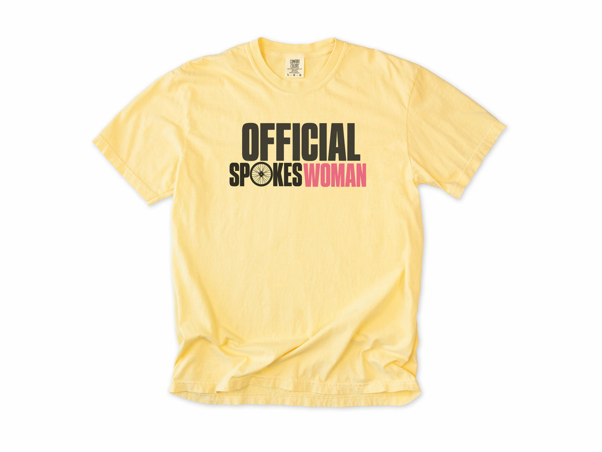 Funny cycling T-shirt in Butter, 'Official Spokeswoman' with a wheel and pink lettering, gift for a woman who cycles: mum, wife, sister, daughter, nan
