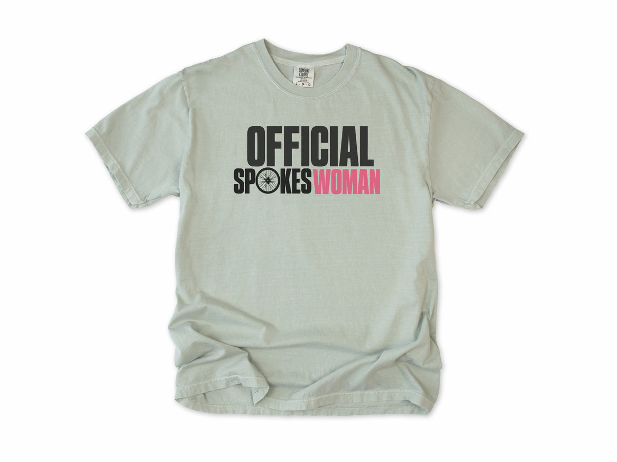 Funny cycling T-shirt in Bay, 'Official Spokeswoman' with a wheel and pink lettering, gift for a woman who cycles: mum, wife, sister, daughter, nan