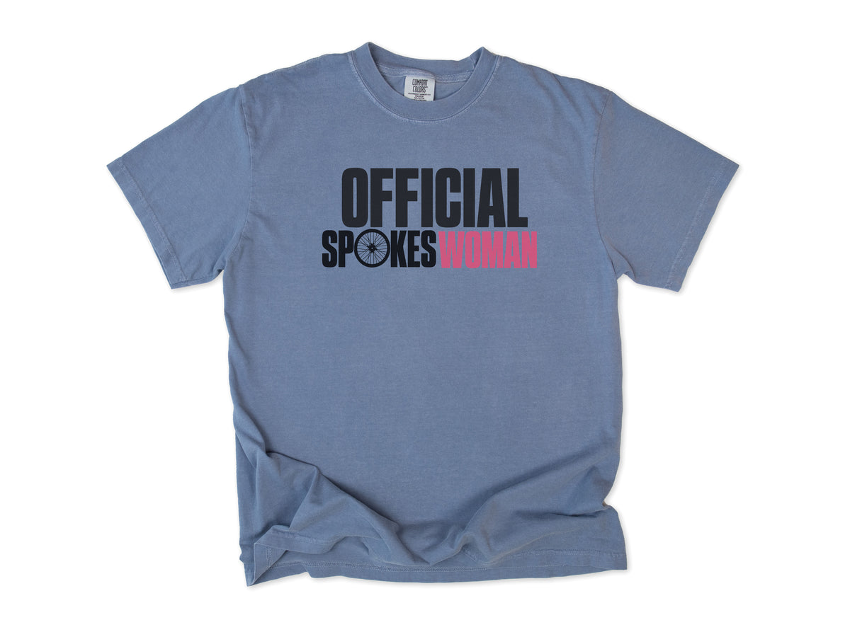 Funny cycling T-shirt in Blue Jean, 'Official Spokeswoman' with a wheel and pink lettering, gift for a woman who cycles: mum, wife, sister, daughter, nan