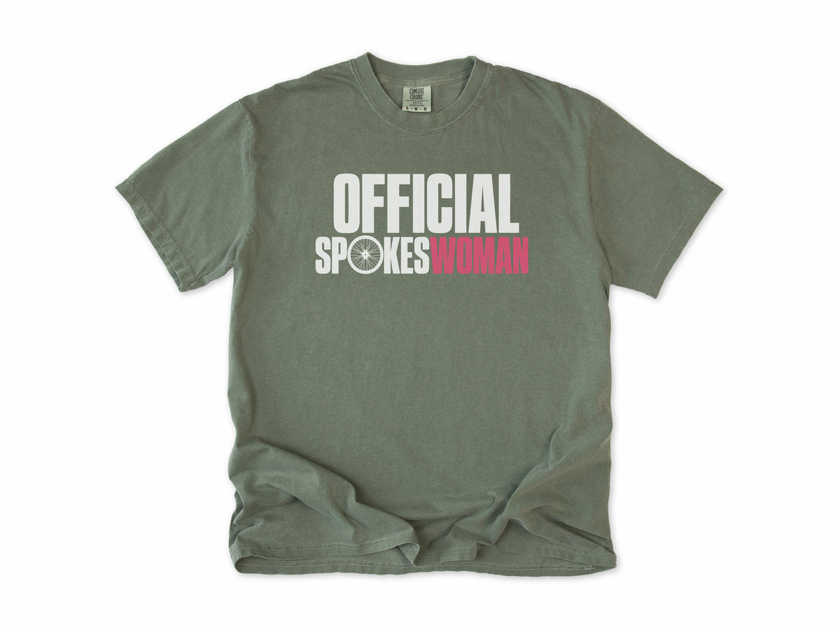 Funny cycling T-shirt in Moss, 'Official Spokeswoman' with a wheel and pink lettering, gift for a woman who cycles: mum, wife, sister, daughter, nan