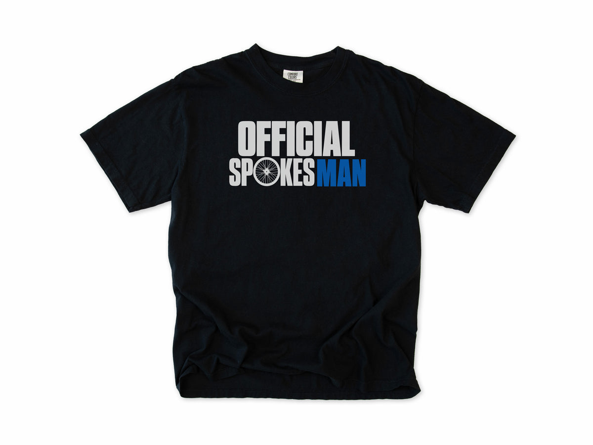 Funny cycling T-shirt in Black, 'Official Spokesman' with a wheel and blue lettering, gift for a cyclist