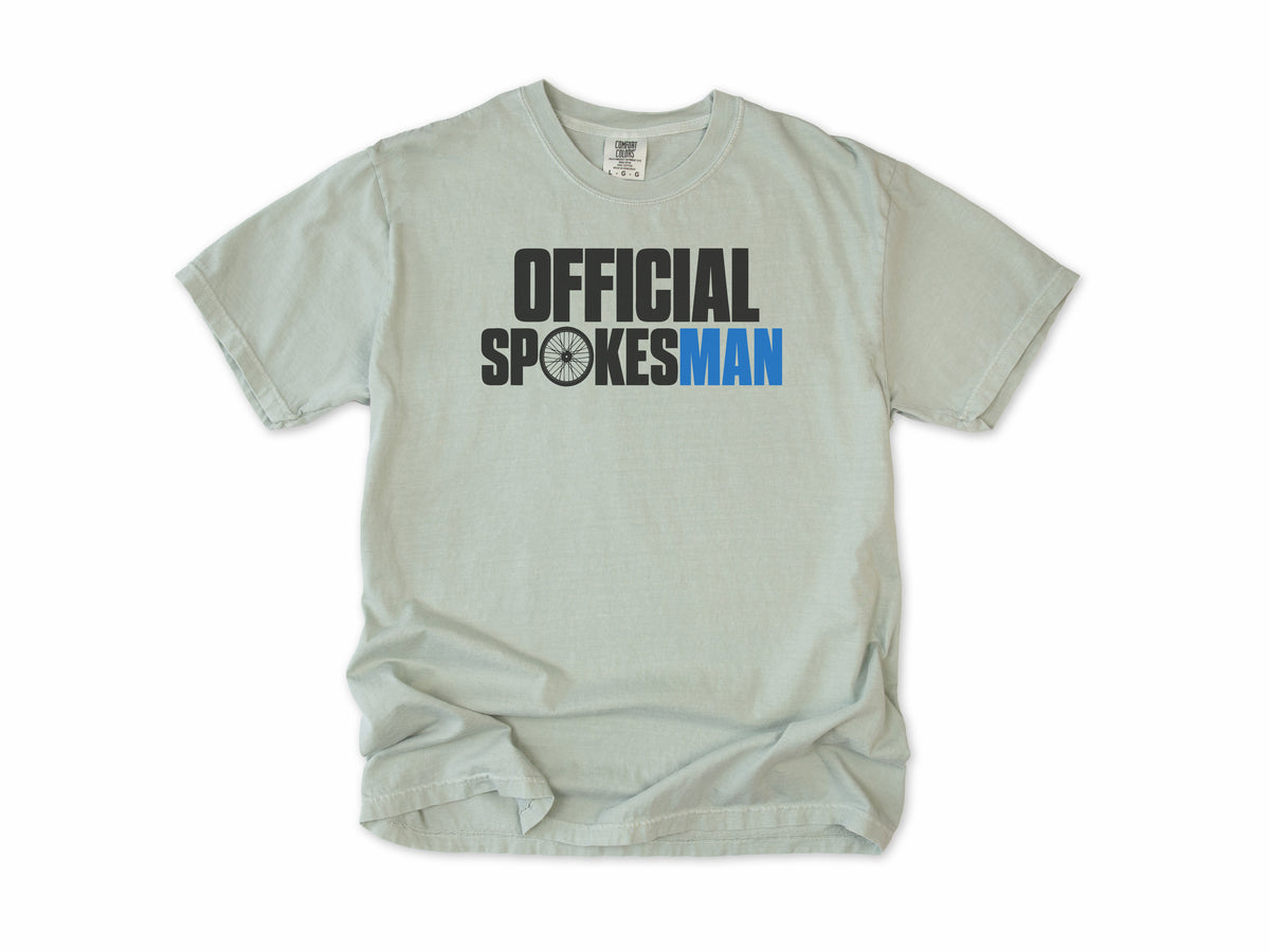 Funny cycling T-shirt in Bay, 'Official Spokesman' with a wheel and blue lettering, gift for a cyclist