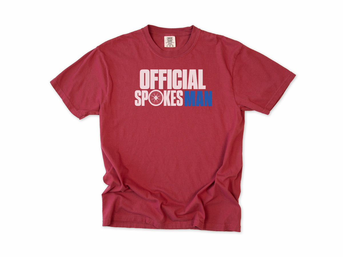 Funny cycling T-shirt in Chili, 'Official Spokesman' with a wheel and blue lettering, gift for a cyclist