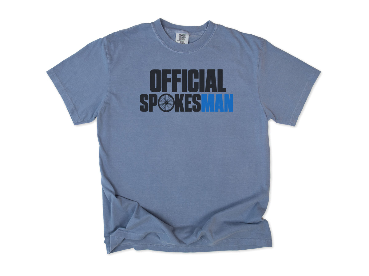 Funny cycling T-shirt in Blue Jean, 'Official Spokesman' with a wheel and blue lettering, gift for a cyclist
