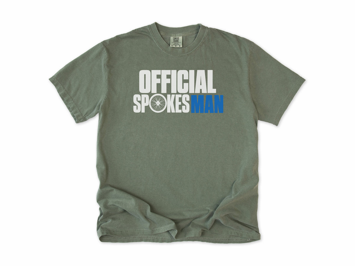 Funny cycling T-shirt in Moss, 'Official Spokesman' with a wheel and blue lettering, gift for a cyclist