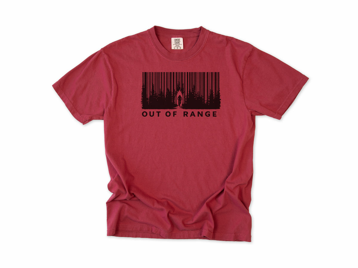 Funny cycling T-shirt in Chili, 'Out of Range' with a forest of trees drawn as a barcode, for riders who ride off the grid