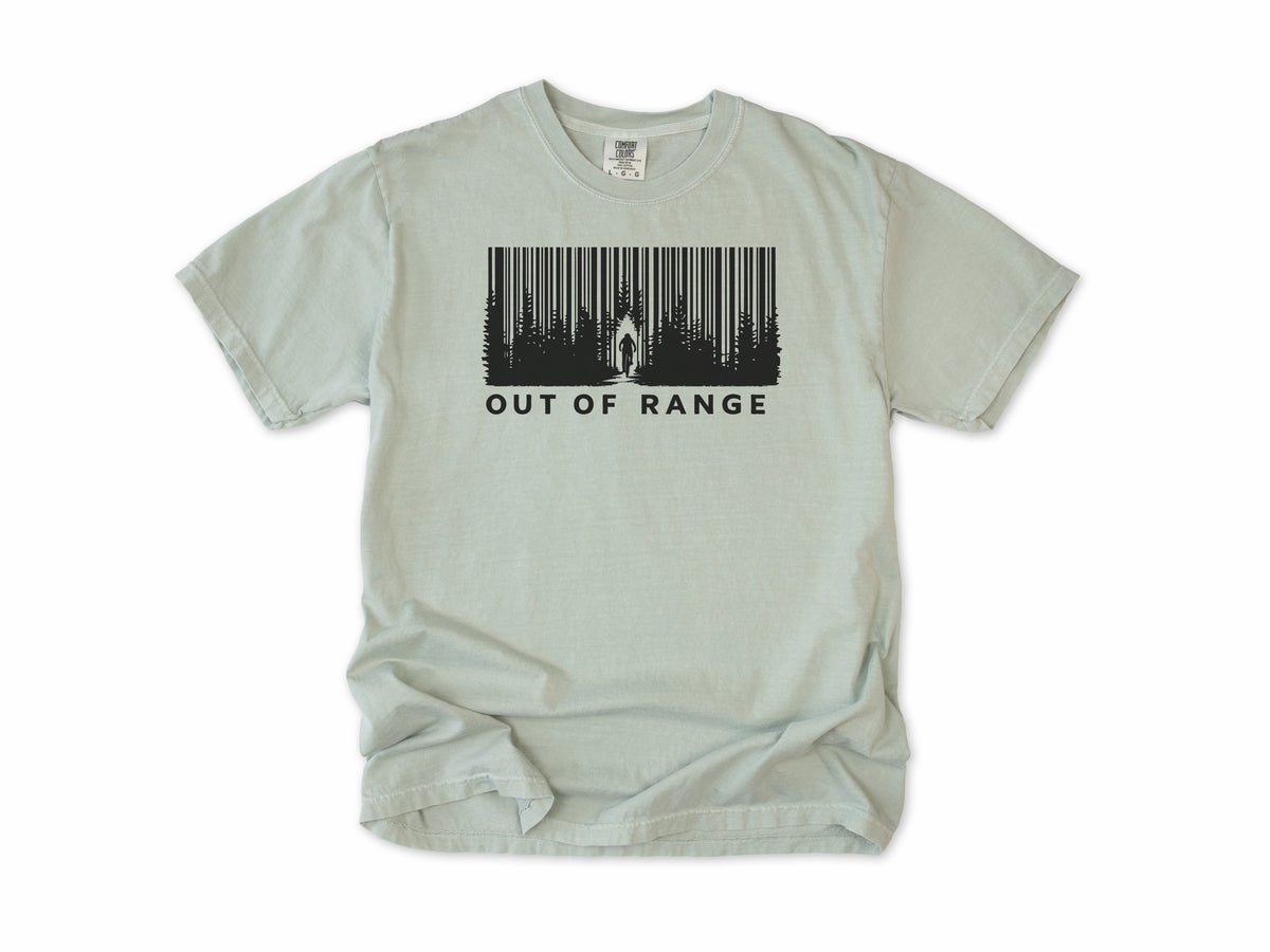 Funny cycling T-shirt in Bay, 'Out of Range' with a forest of trees drawn as a barcode, for riders who ride off the grid