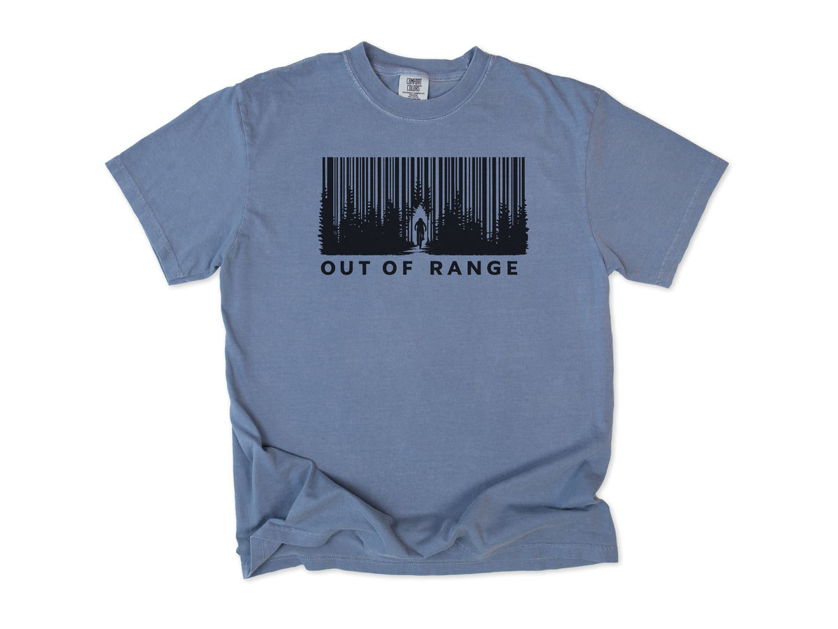Funny cycling T-shirt in Blue Jean, 'Out of Range' with a forest of trees drawn as a barcode, for riders who ride off the grid
