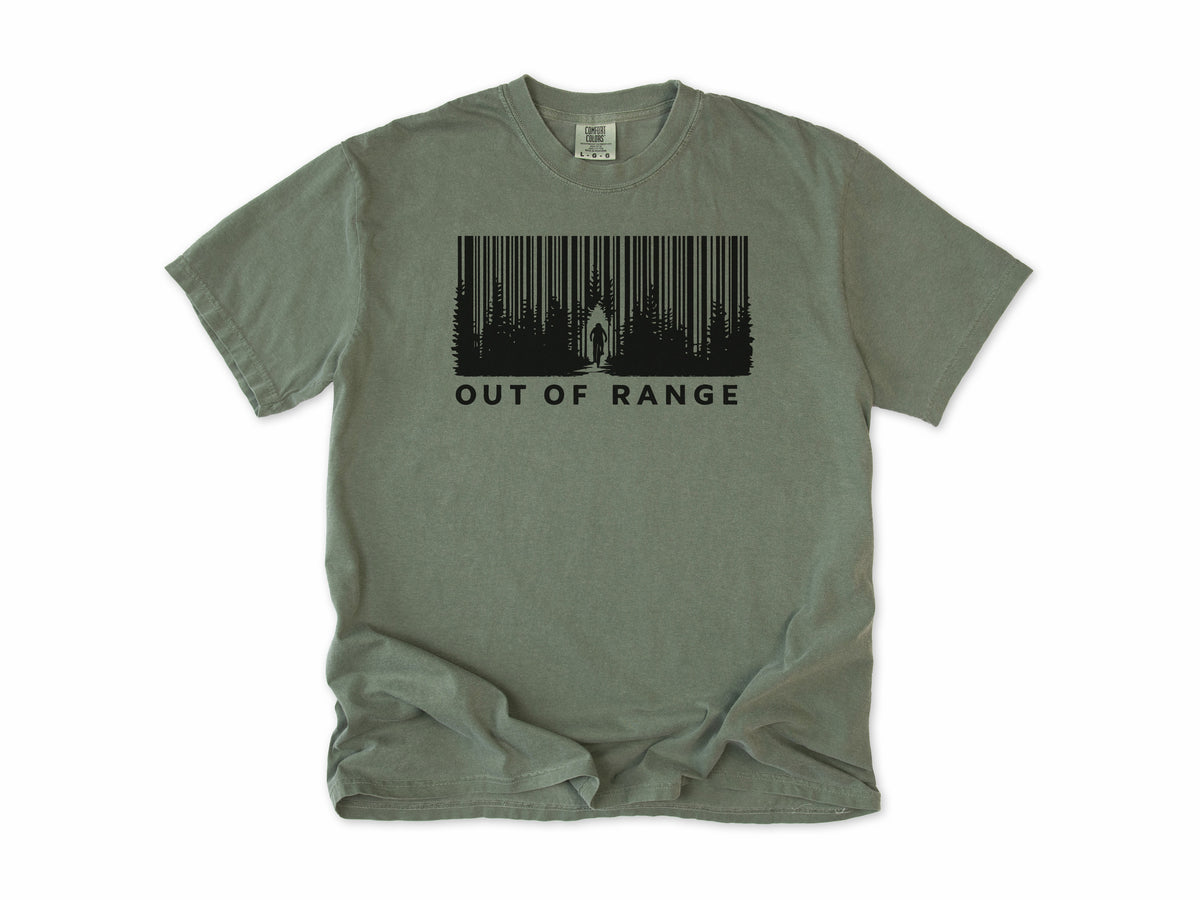 Funny cycling T-shirt in Moss, 'Out of Range' with a forest of trees drawn as a barcode, for riders who ride off the grid