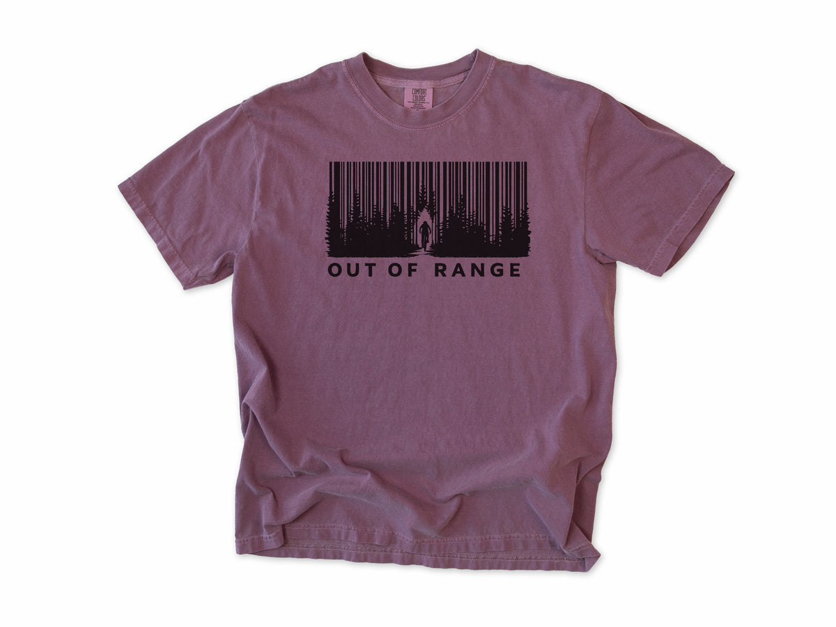 Funny cycling T-shirt in Berry, 'Out of Range' with a forest of trees drawn as a barcode, for riders who ride off the grid
