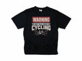 Funny cycling T-shirt in Black, a 'Warning: May talk about cycling' sign with a bike, for cyclists who talk bikes