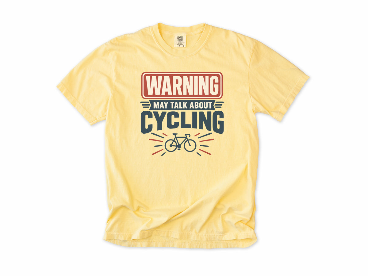 Funny cycling T-shirt in Butter, a 'Warning: May talk about cycling' sign with a bike, for cyclists who talk bikes