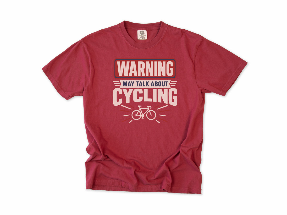 Funny cycling T-shirt in Chili, a 'Warning: May talk about cycling' sign with a bike, for cyclists who talk bikes