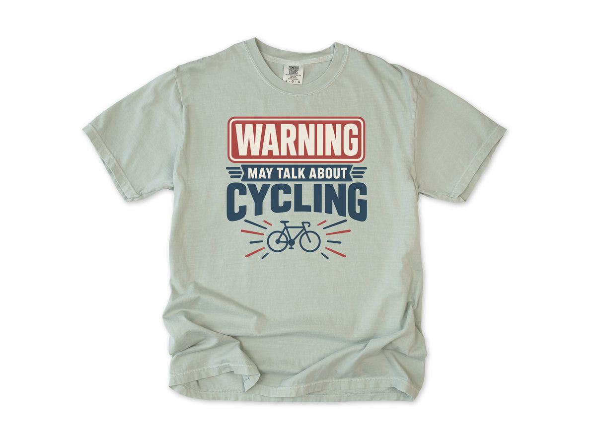 Funny cycling T-shirt in Bay, a 'Warning: May talk about cycling' sign with a bike, for cyclists who talk bikes