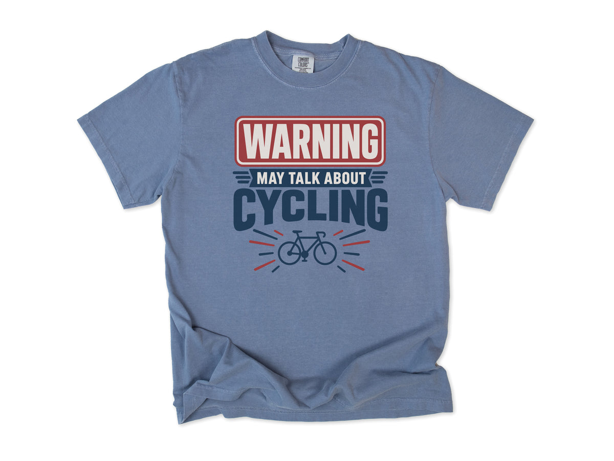 Funny cycling T-shirt in Blue Jean, a 'Warning: May talk about cycling' sign with a bike, for cyclists who talk bikes