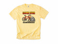 Funny cycling T-shirt in Butter, 'Game Over, Insert Coin to Continue', a crashed bike, for cyclists who game