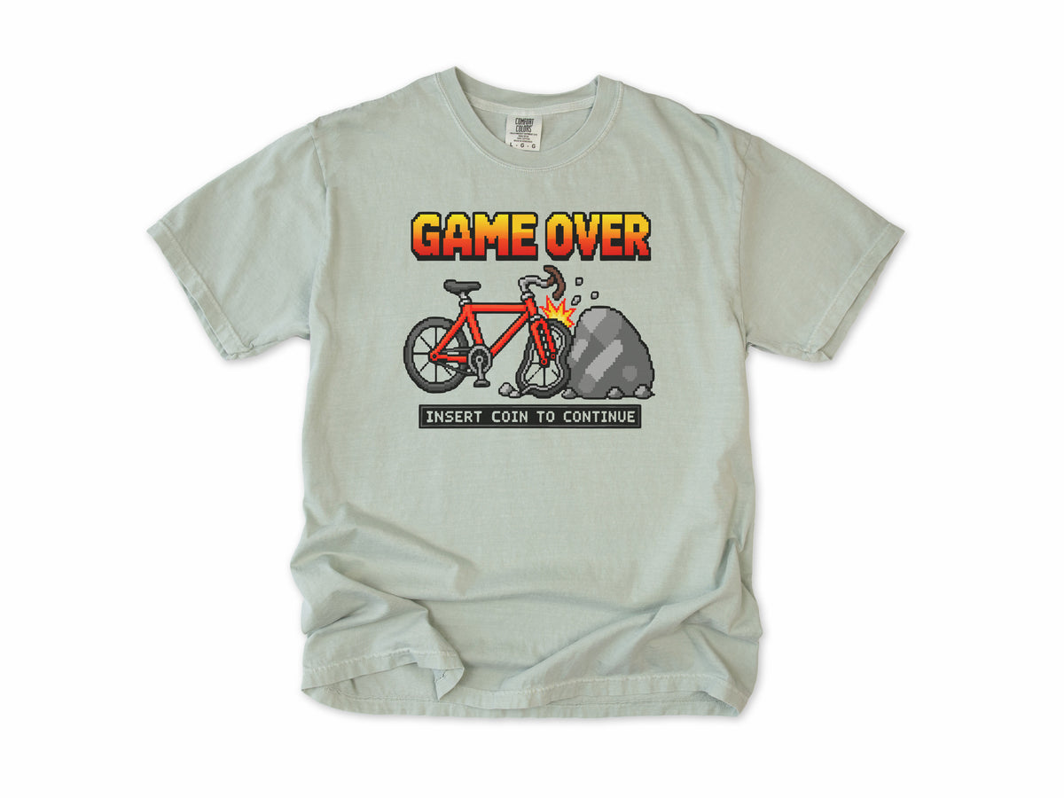 Funny cycling T-shirt in Bay, 'Game Over, Insert Coin to Continue', a crashed bike, for cyclists who game