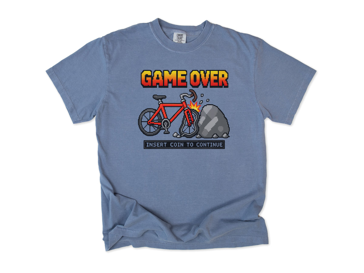Funny cycling T-shirt in Blue Jean, 'Game Over, Insert Coin to Continue', a crashed bike, for cyclists who game