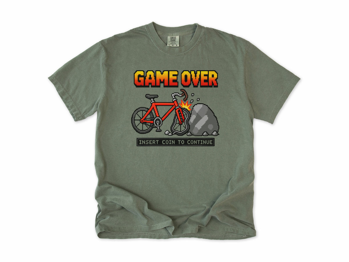 Funny cycling T-shirt in Moss, 'Game Over, Insert Coin to Continue', a crashed bike, for cyclists who game