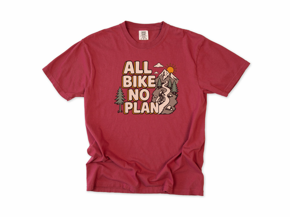 Cycling T-shirt in Chili, 'All Bike No Plan' with a mountain trail, for gravel and mountain bikers