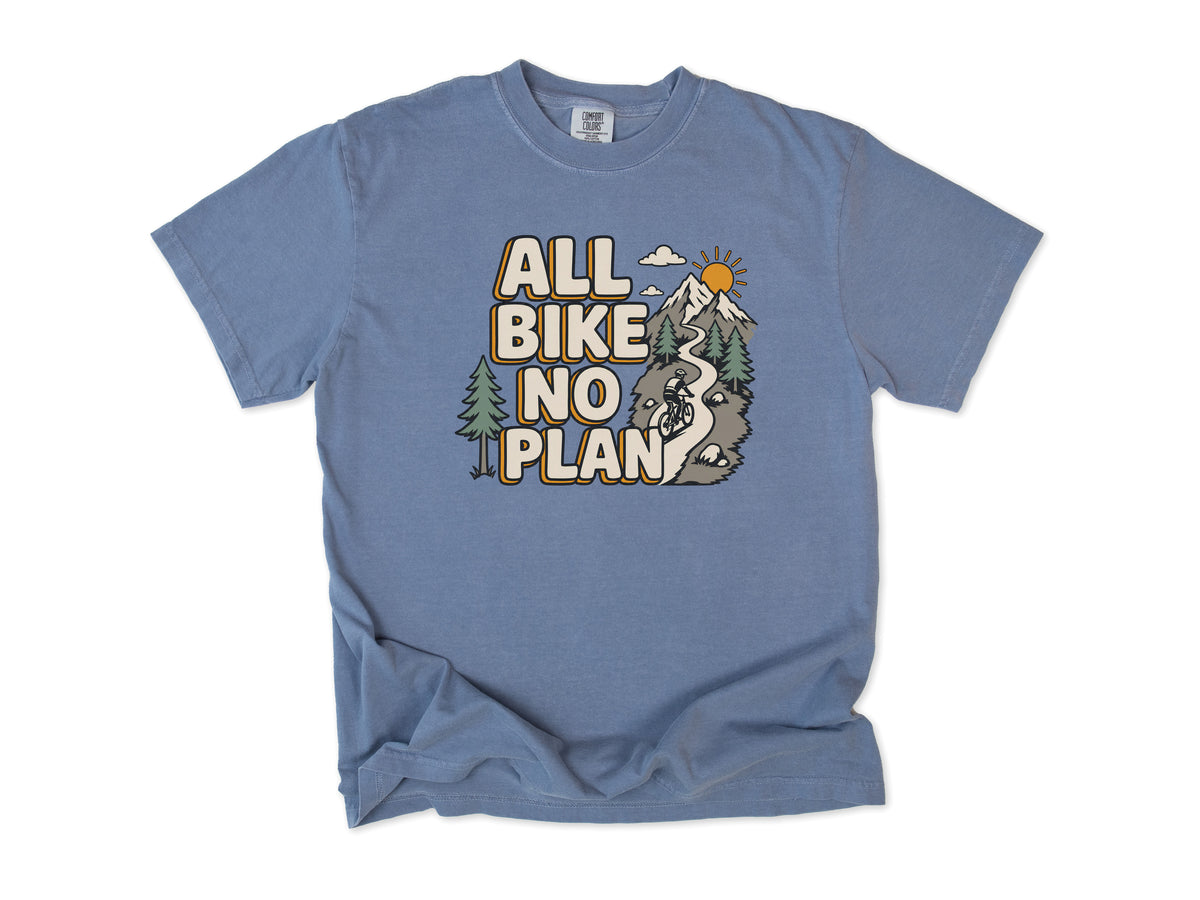 Cycling T-shirt in Blue Jean, 'All Bike No Plan' with a mountain trail, for gravel and mountain bikers