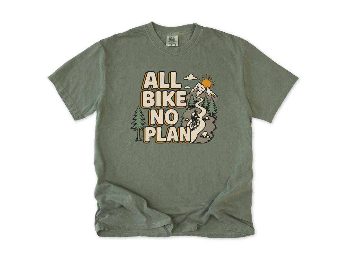 Cycling T-shirt in Moss, 'All Bike No Plan' with a mountain trail, for gravel and mountain bikers