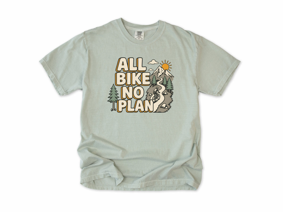 Cycling T-shirt in Bay, 'All Bike No Plan' with a mountain trail, for gravel and mountain bikers