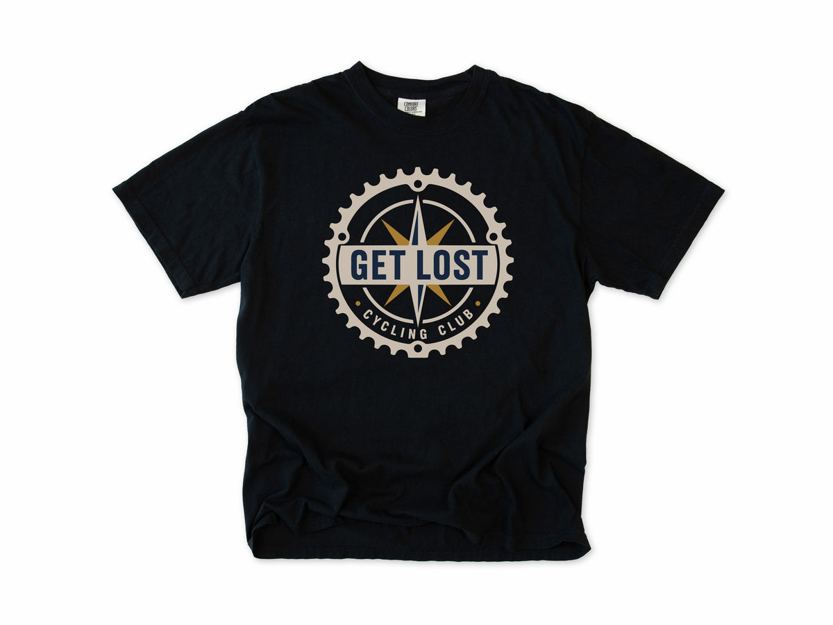 Cycling T-shirt in Black, 'Get Lost Cycling Club', a compass in a chainring, for gravel and touring riders
