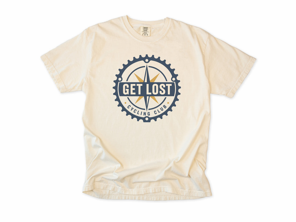 Cycling T-shirt in Ivory, 'Get Lost Cycling Club', a compass in a chainring, for gravel and touring riders