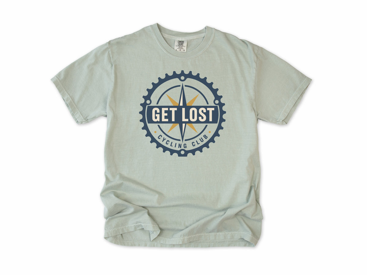 Cycling T-shirt in Bay, 'Get Lost Cycling Club', a compass in a chainring, for gravel and touring riders
