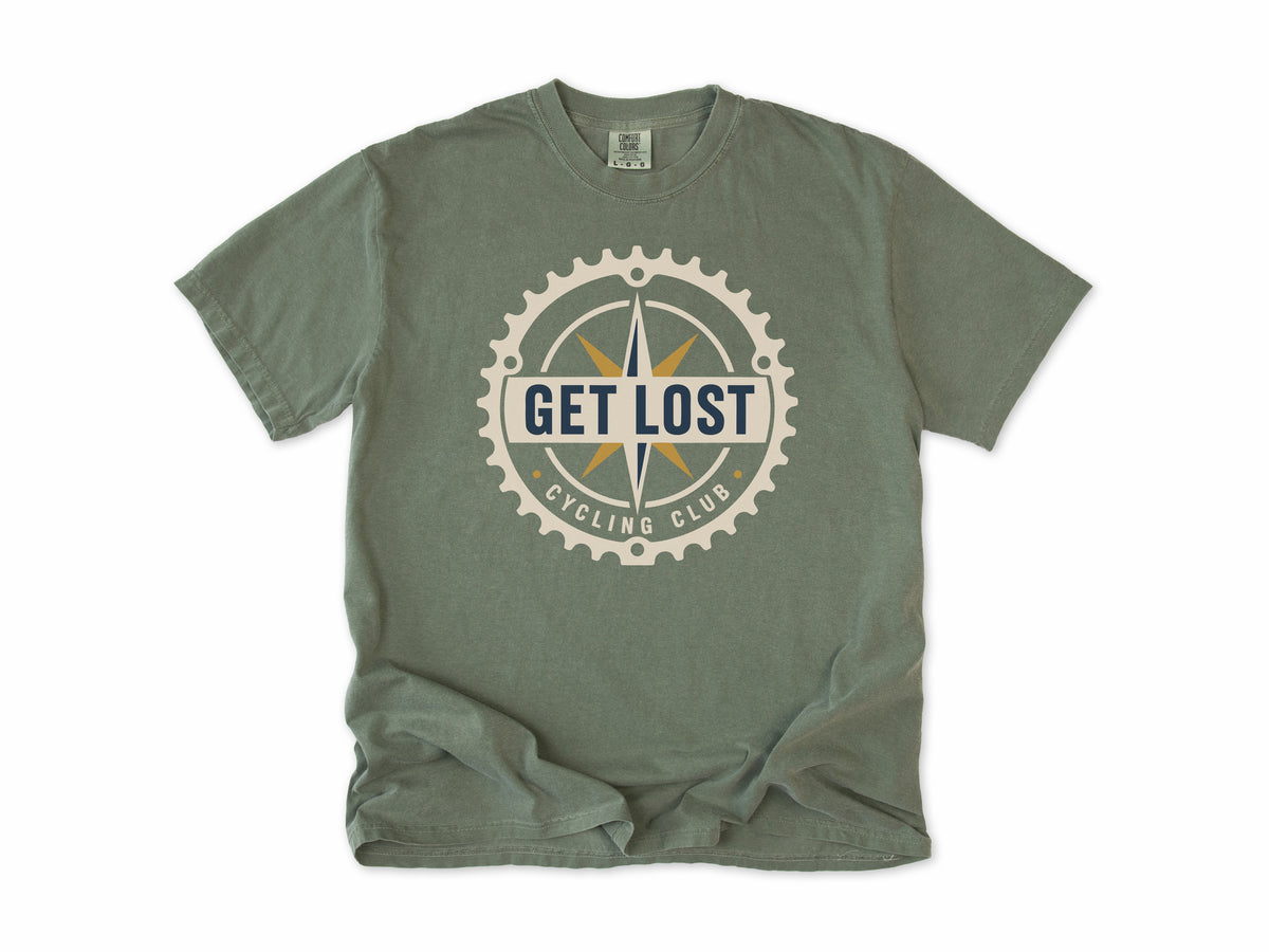 Cycling T-shirt in Moss, 'Get Lost Cycling Club', a compass in a chainring, for gravel and touring riders