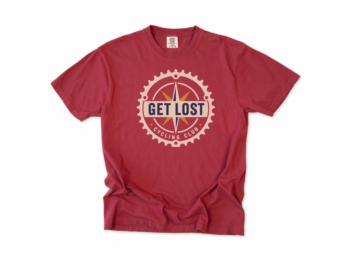 Cycling T-shirt in Chili, 'Get Lost Cycling Club', a compass in a chainring, for gravel and touring riders