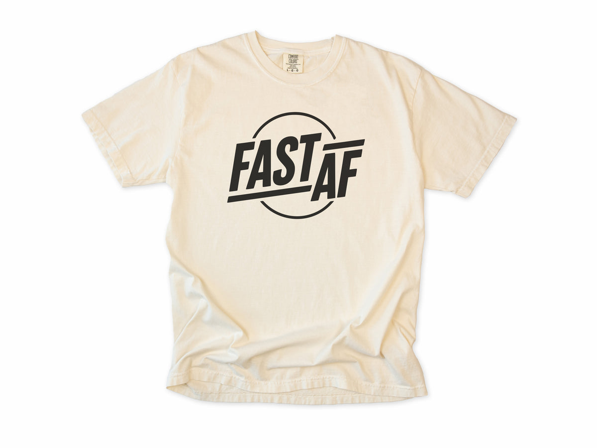 Funny cycling T-shirt in Ivory, 'Fast AF' in bold letters inside a circle, for road cyclists