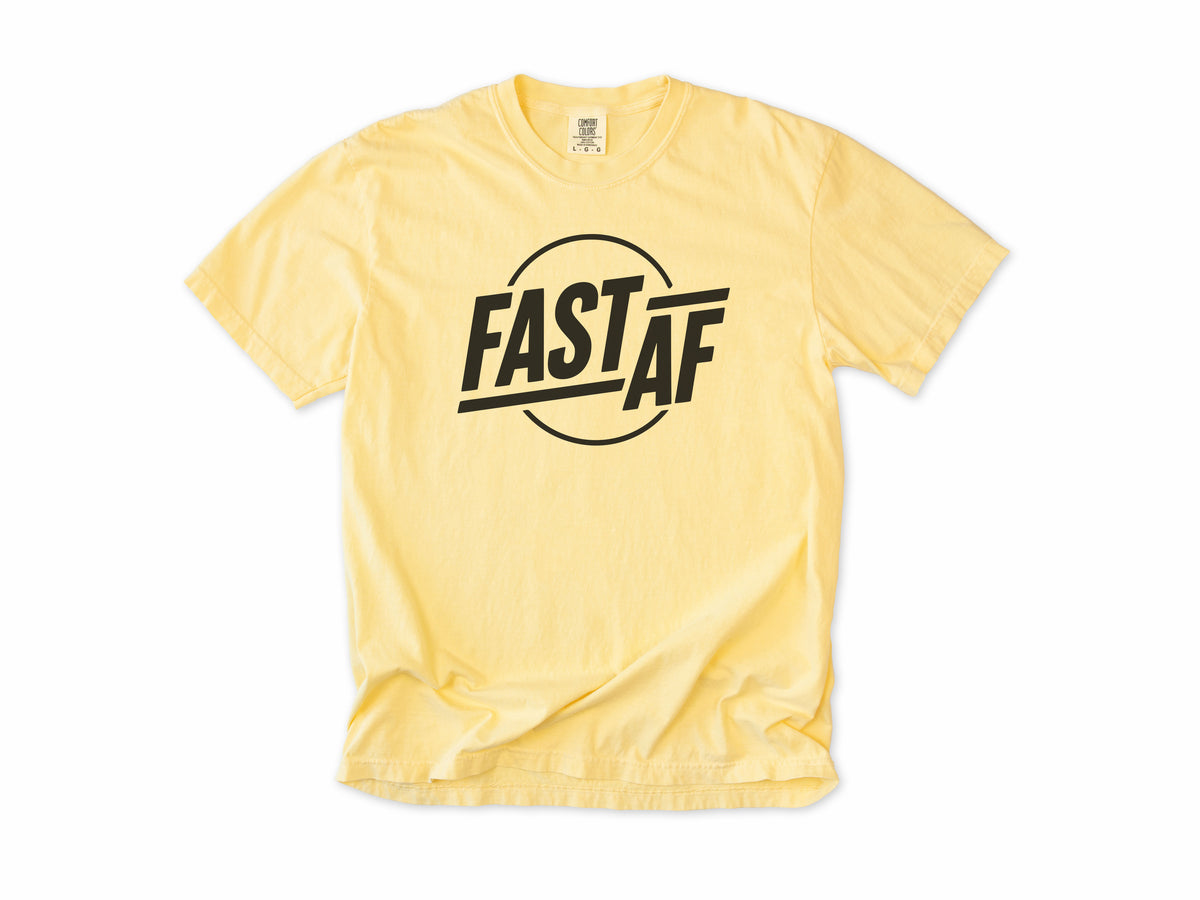 Funny cycling T-shirt in Butter, 'Fast AF' in bold letters inside a circle, for road cyclists