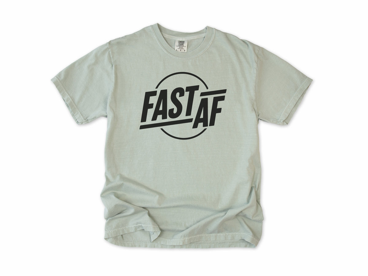 Funny cycling T-shirt in Bay, 'Fast AF' in bold letters inside a circle, for road cyclists