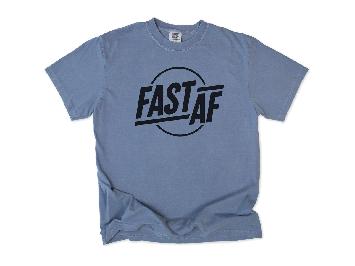 Funny cycling T-shirt in Blue Jean, 'Fast AF' in bold letters inside a circle, for road cyclists