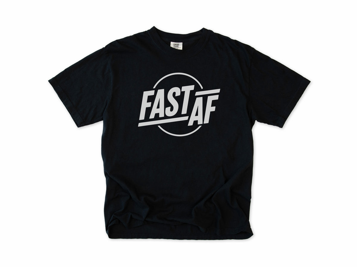 Funny cycling T-shirt in Black, 'Fast AF' in bold letters inside a circle, for road cyclists