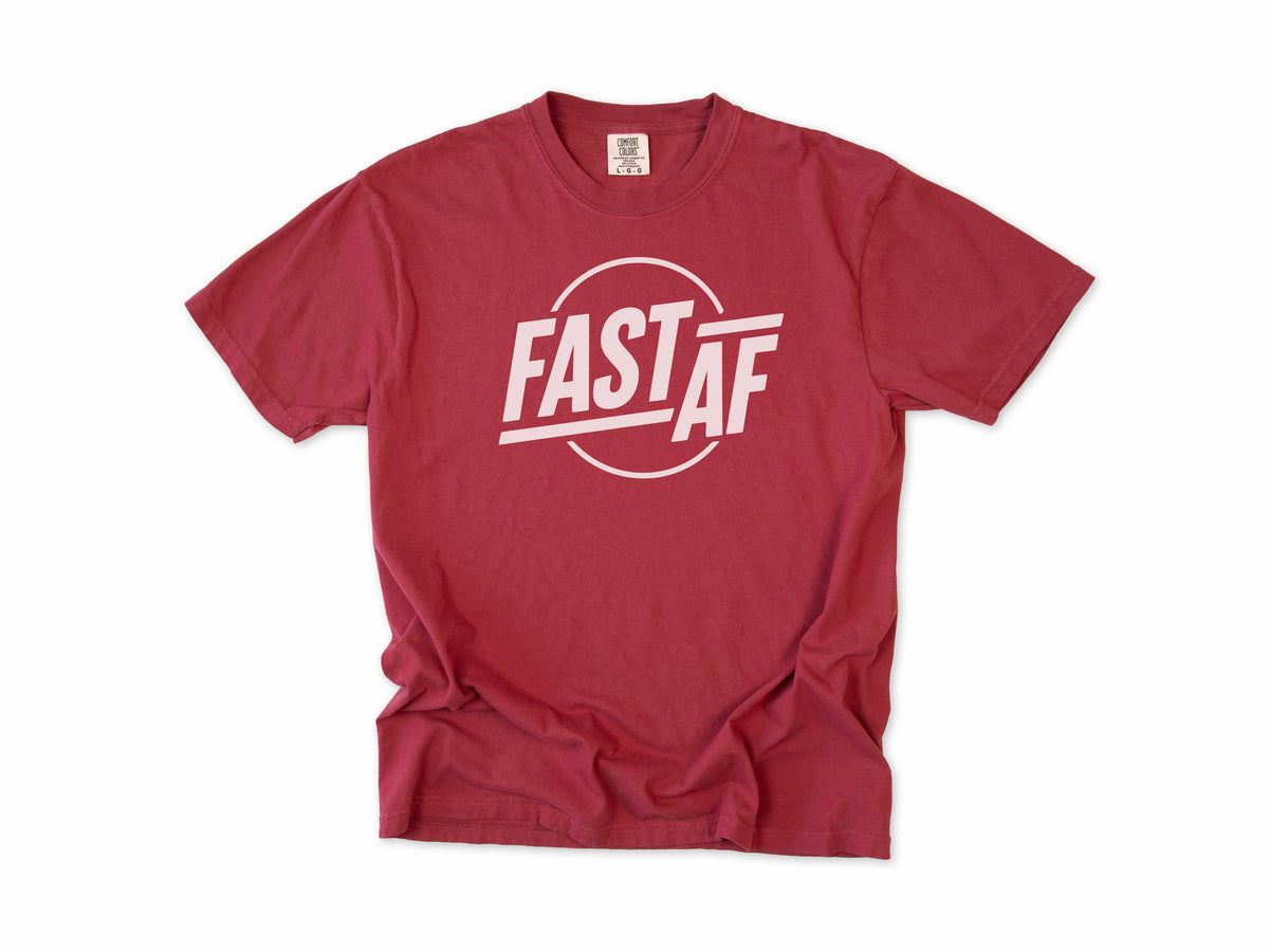 Funny cycling T-shirt in Chili, 'Fast AF' in bold letters inside a circle, for road cyclists