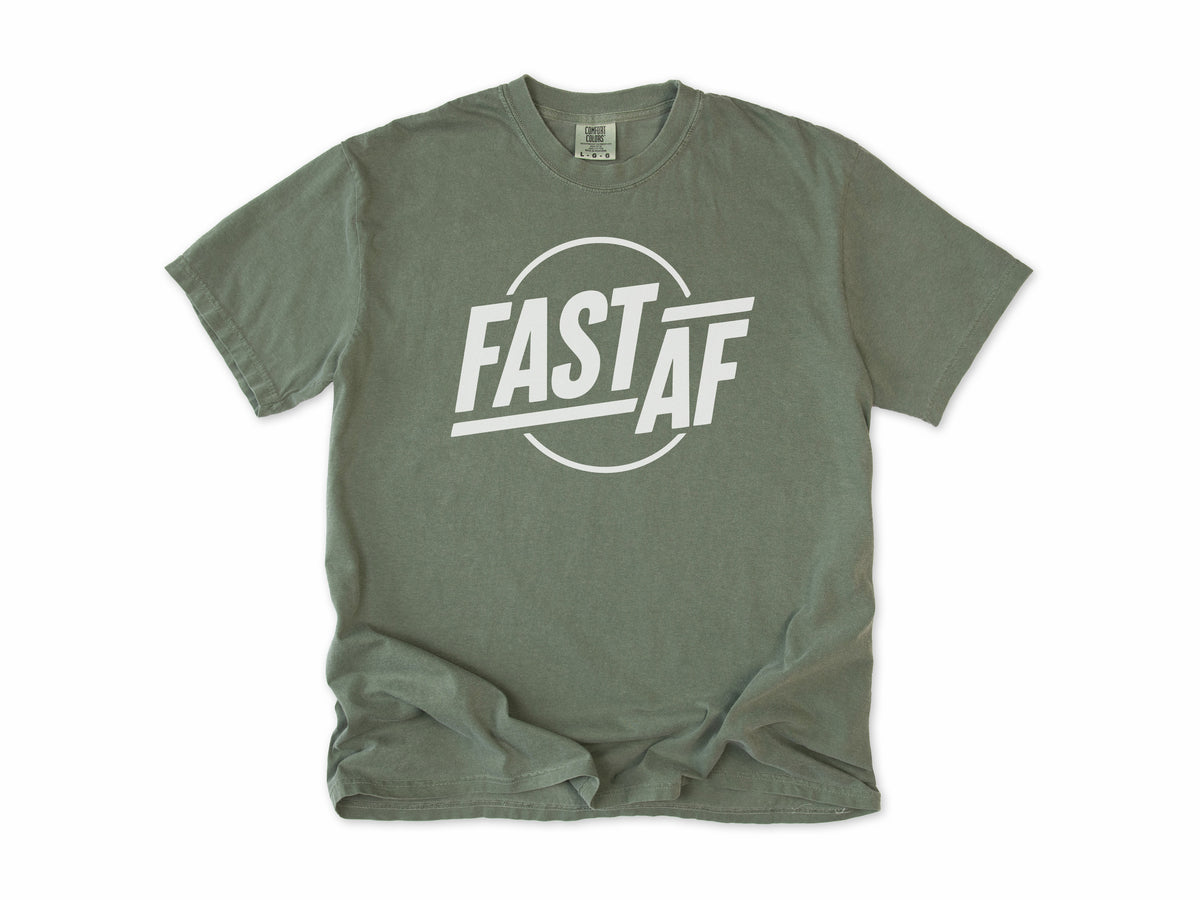 Funny cycling T-shirt in Moss, 'Fast AF' in bold letters inside a circle, for road cyclists
