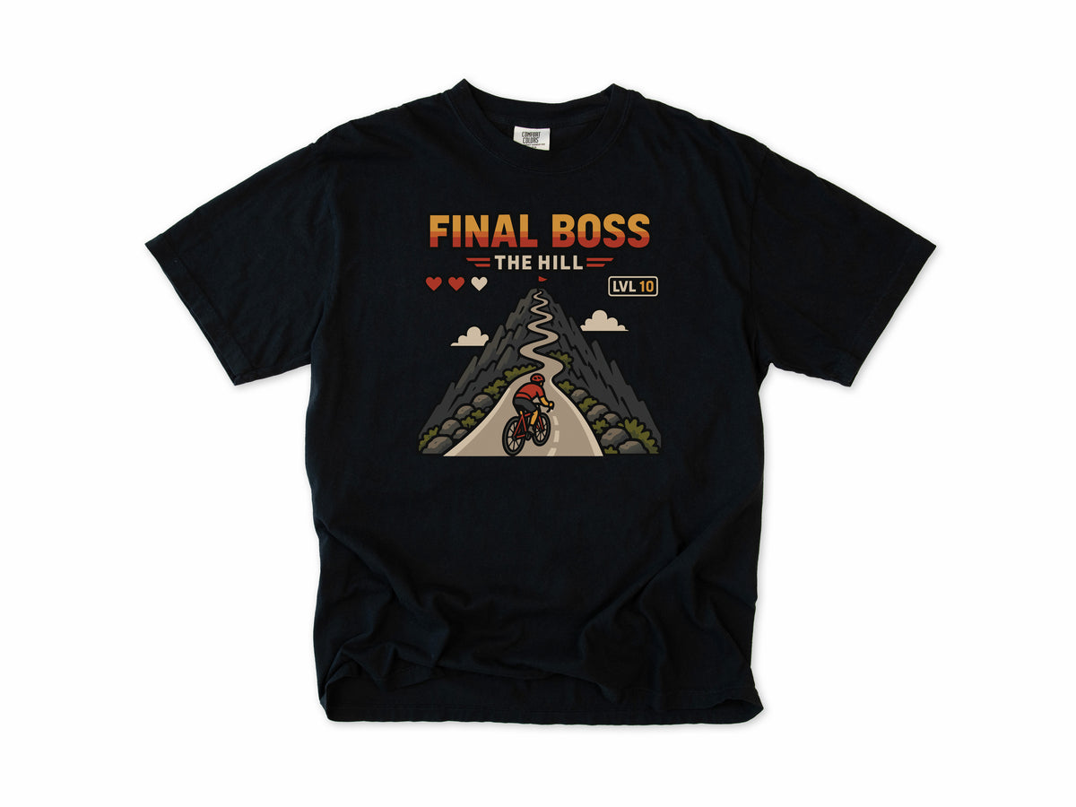 Funny cycling T-shirt in Black, 'Final Boss: The Hill', a retro video game hill with a cyclist, for hill climbers who game