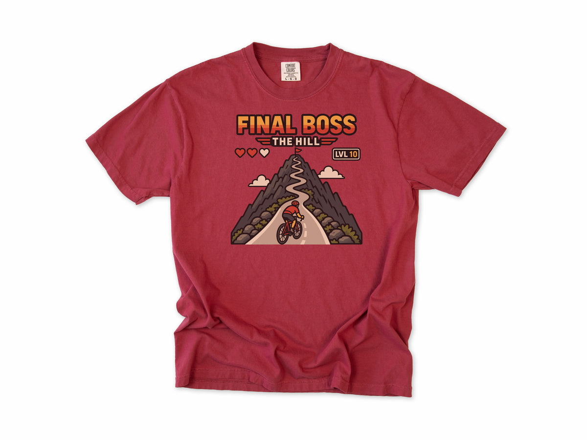 Funny cycling T-shirt in Chili, 'Final Boss: The Hill', a retro video game hill with a cyclist, for hill climbers who game