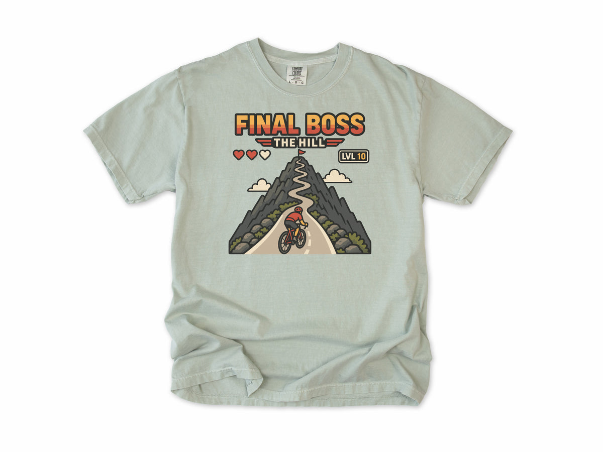 Funny cycling T-shirt in Bay, 'Final Boss: The Hill', a retro video game hill with a cyclist, for hill climbers who game